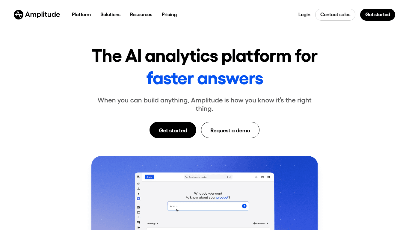 ภาพหน้าจอโฮมเพจ Amplitude ที่แสดง product analytics ข้อมูลเชิงลึกพฤติกรรมลูกค้า และเครื่องมือทดลอง