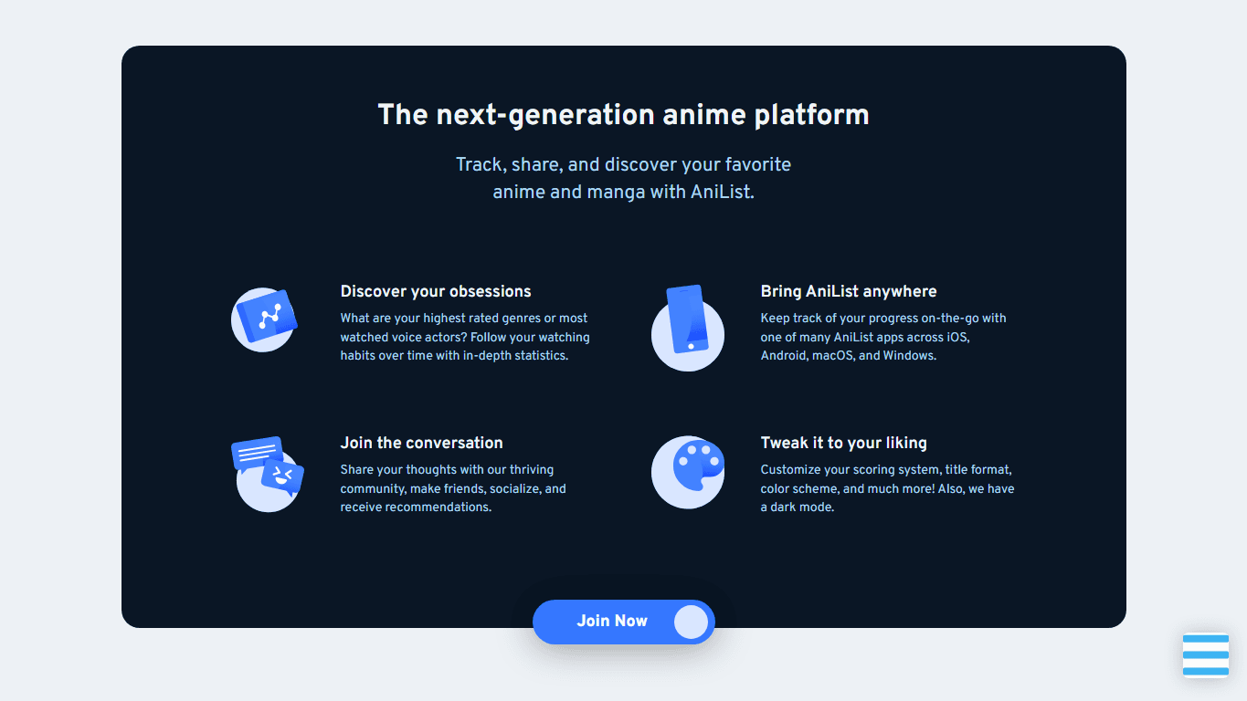 AniList homepage screenshot showing anime and manga tracking, discovery, ratings, and fan activity