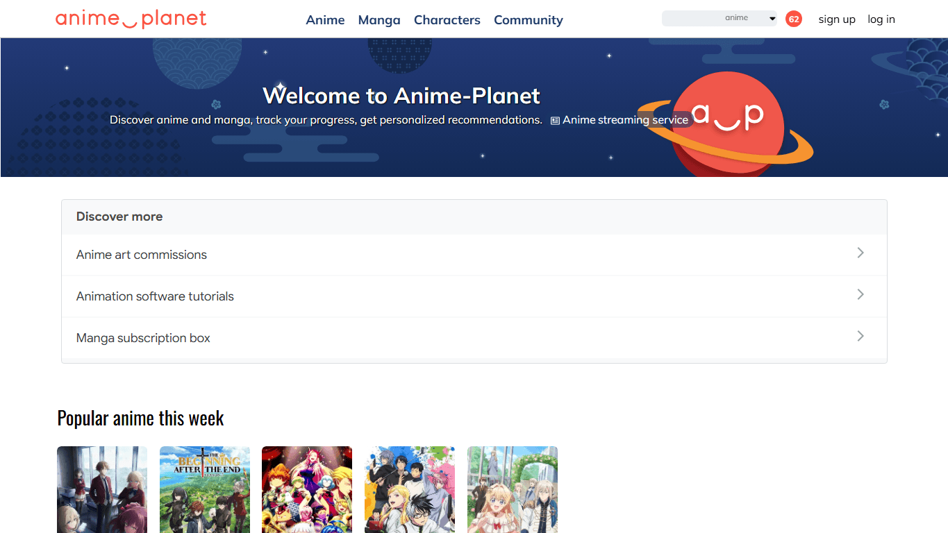 Anime-Planet homepage screenshot showing anime and manga discovery, recommendations, reviews, and tracking