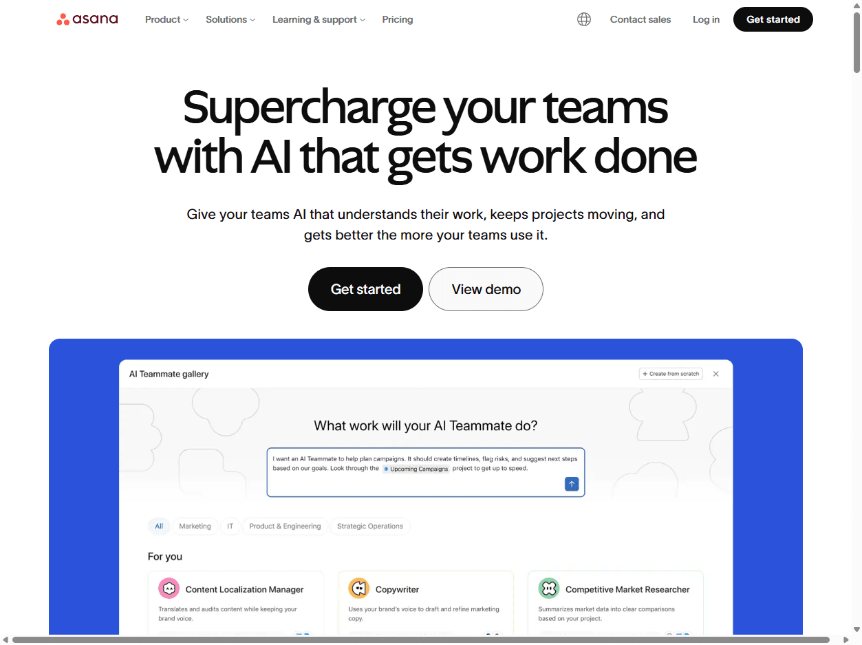 ภาพหน้าจอโฮมเพจ Asana ที่แสดงข้อความด้าน work management และการนำทางสำหรับโครงการทีม เป้าหมาย และเวิร์กโฟลว์