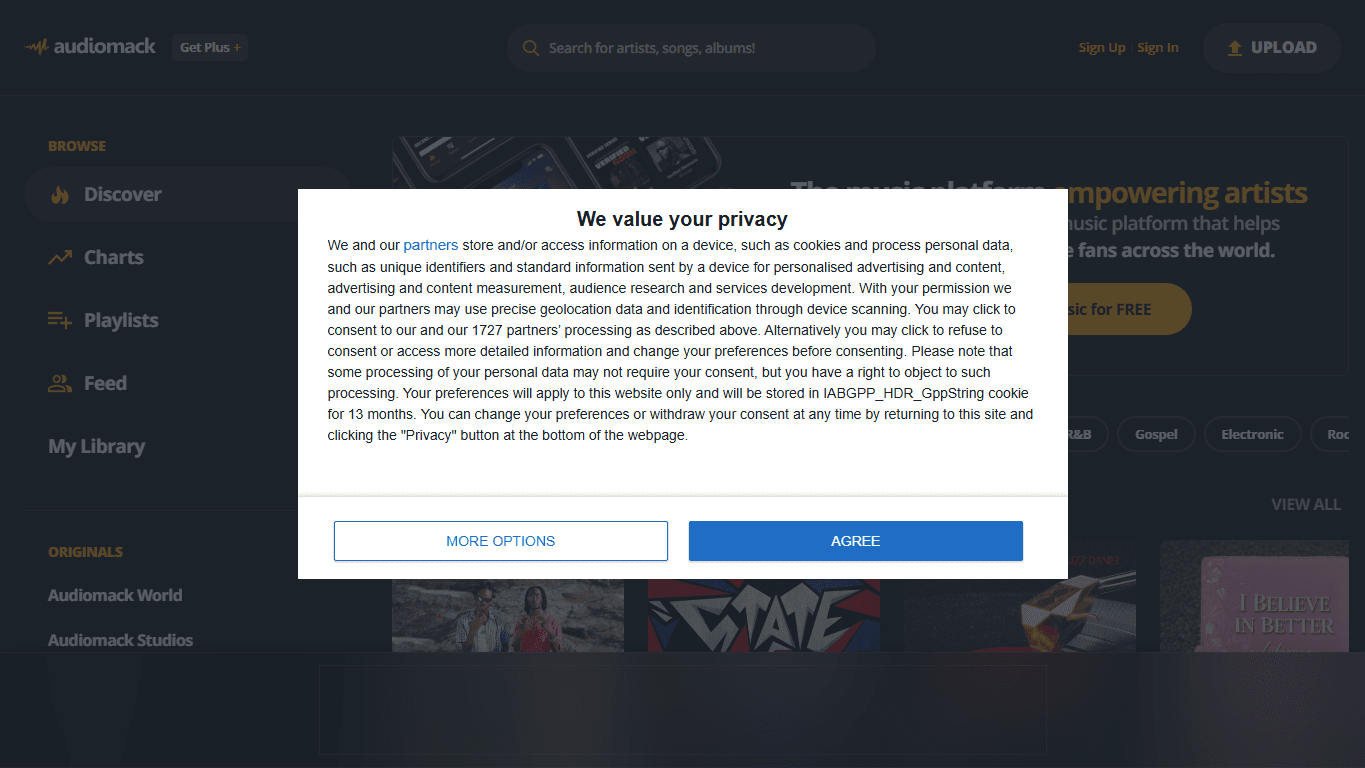 Audiomack homepage screenshot showing music streaming, artist uploads, playlists, and audio discovery