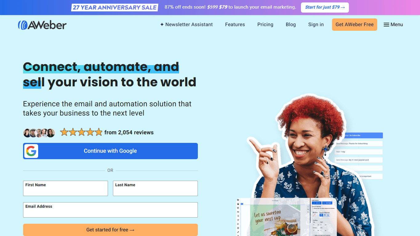 AWeber homepage screenshot showing email marketing, newsletters, automations, landing pages, and sign-up forms