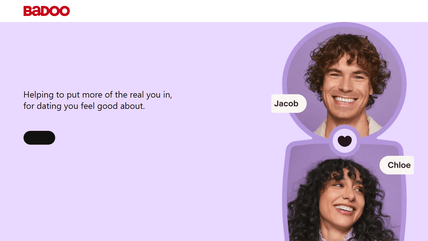Badoo homepage screenshot showing online dating profiles, chat, meeting people, and safety-focused dating tools