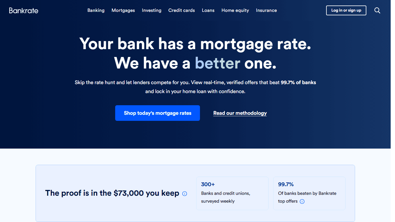 Bankrate homepage screenshot showing personal finance rates, calculators, credit cards, mortgages, and loan tools