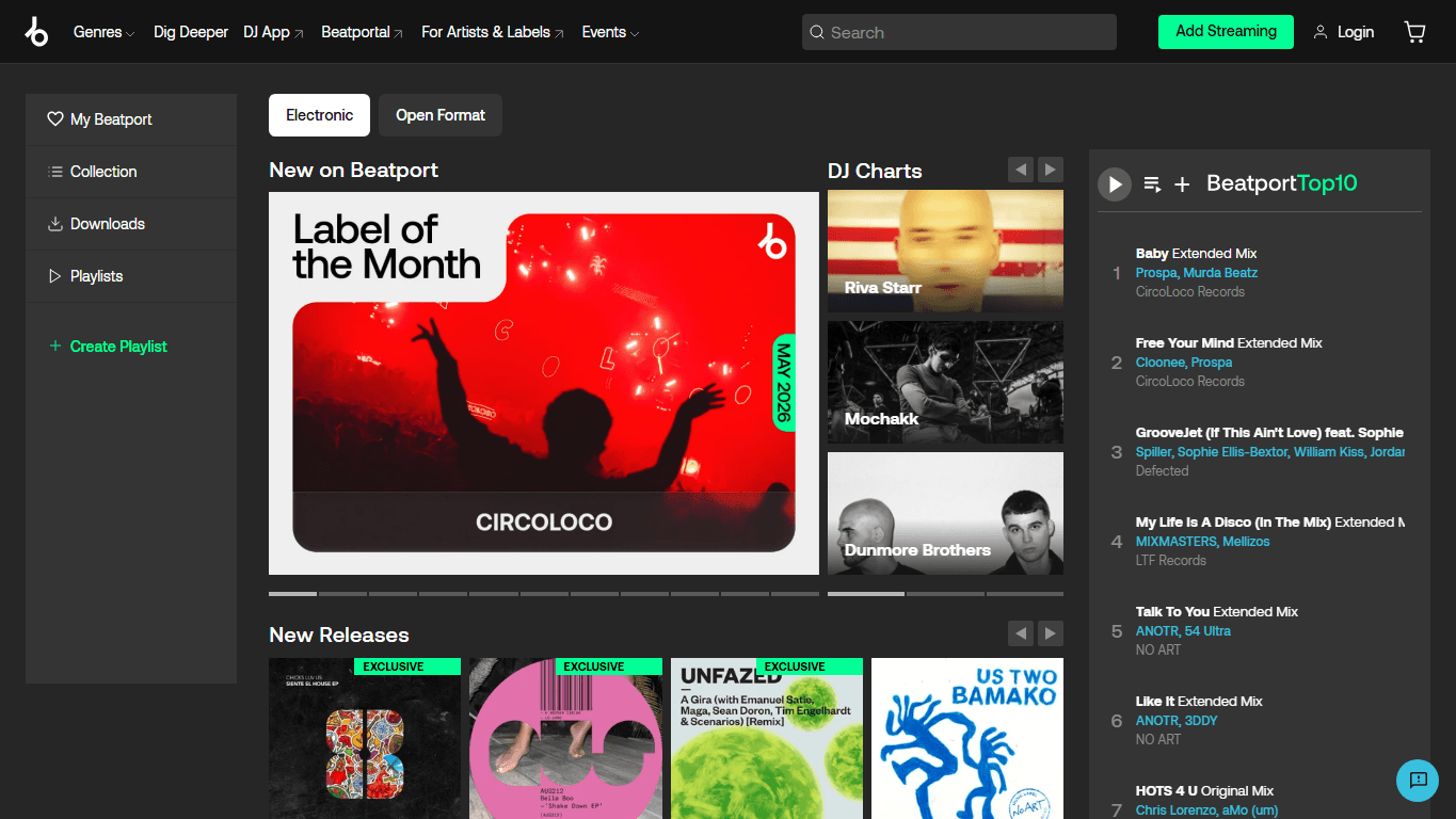 Beatport homepage screenshot showing electronic dance music tracks, DJ charts, genres, releases, and playlists