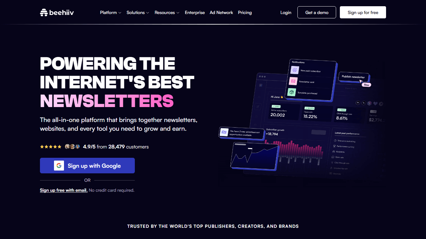 beehiiv homepage screenshot showing newsletter publishing, audience growth, analytics, and monetization tools