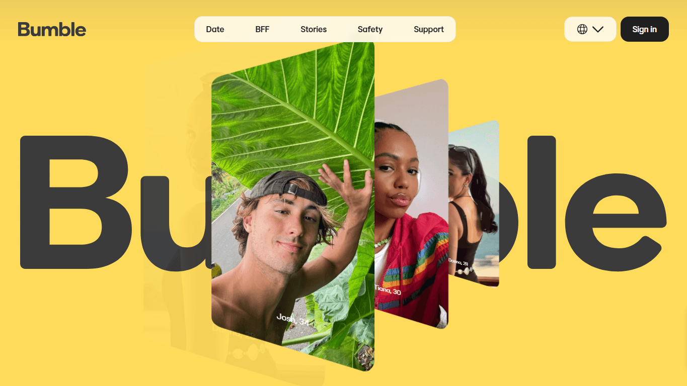 Bumble homepage screenshot of the official website interface