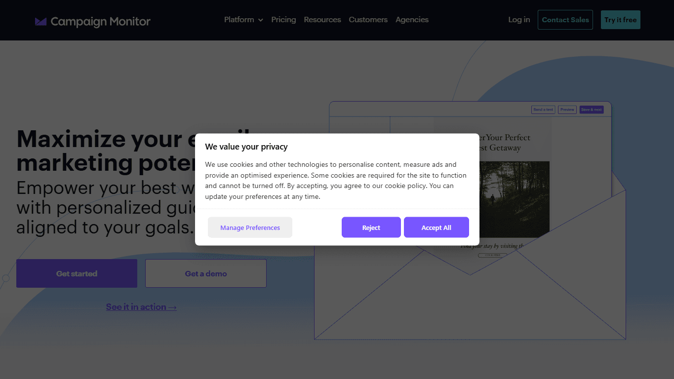 Campaign Monitor homepage screenshot of the official website interface