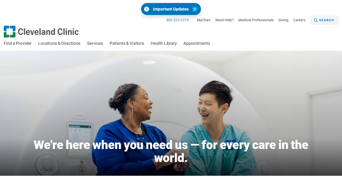 Cleveland Clinic homepage screenshot of the official website interface
