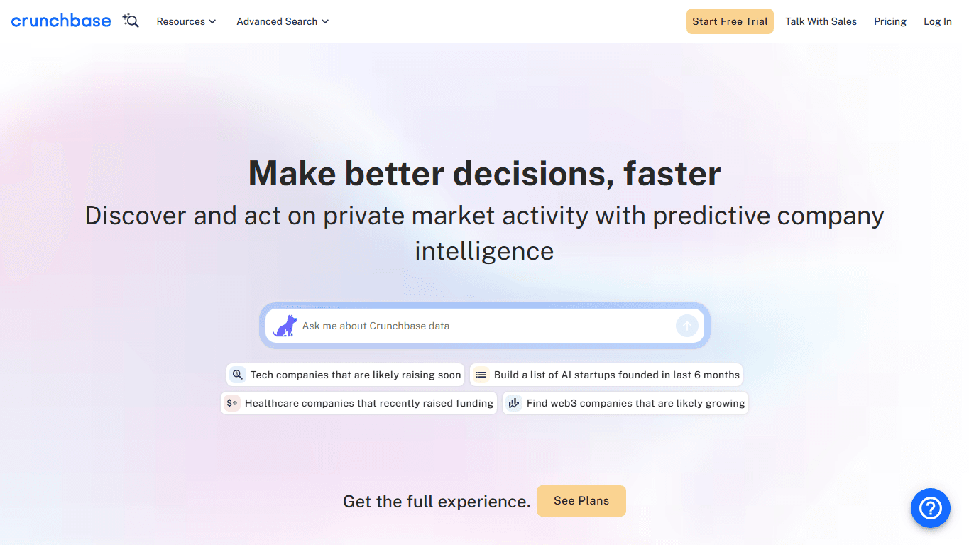 Crunchbase homepage screenshot of the official website interface
