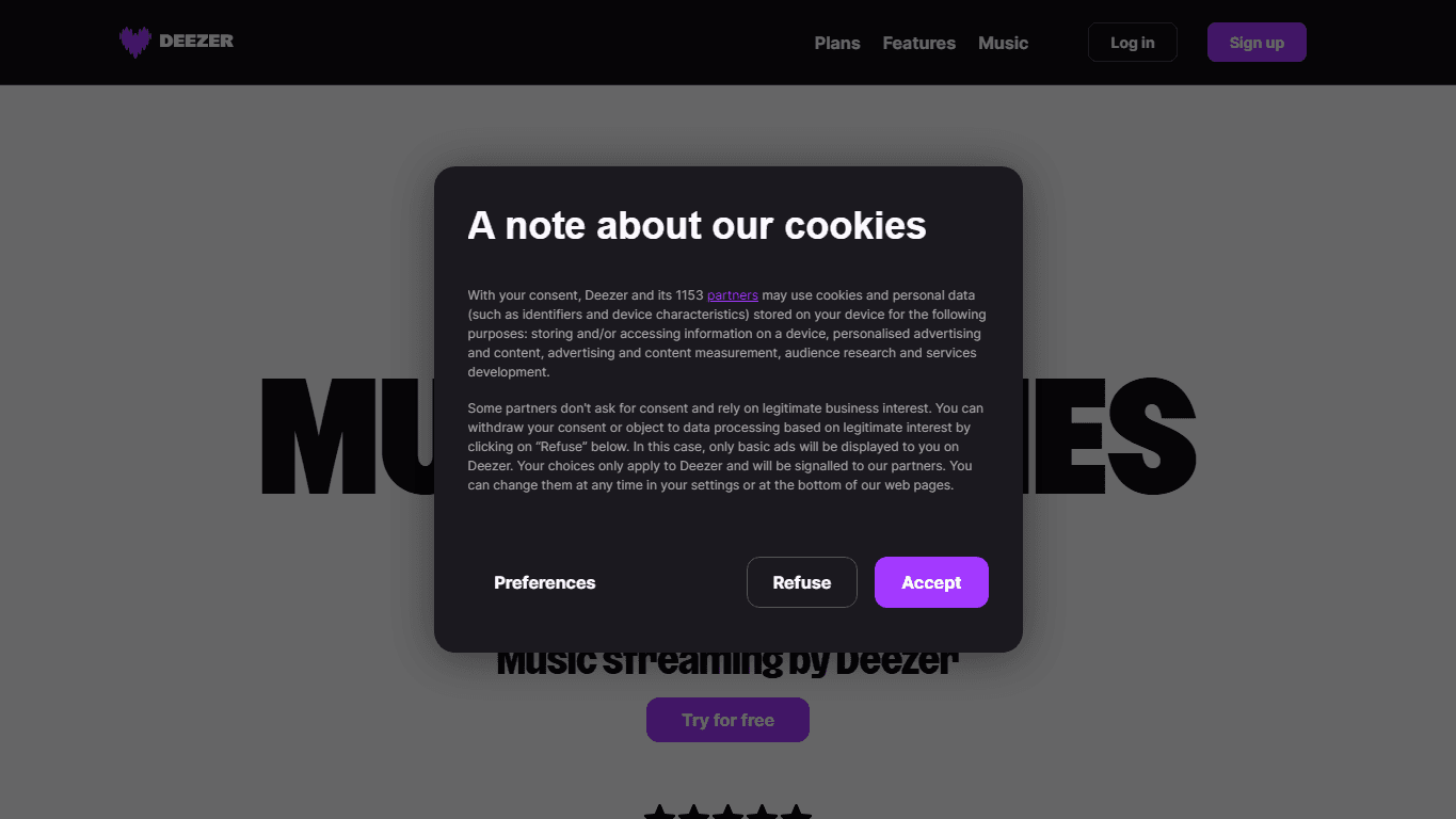 Deezer homepage screenshot of the official website interface