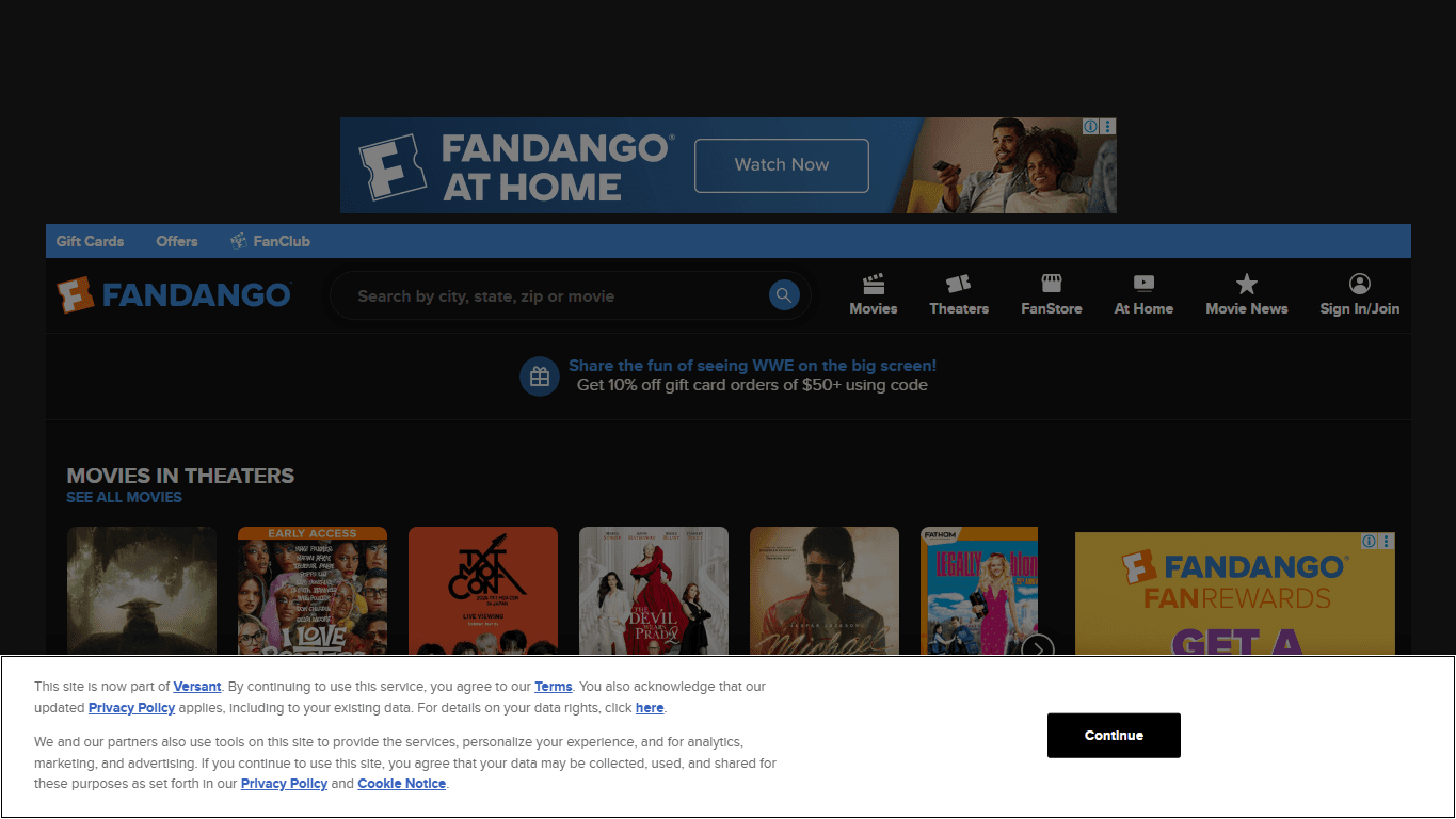 Fandango homepage screenshot of the official website interface