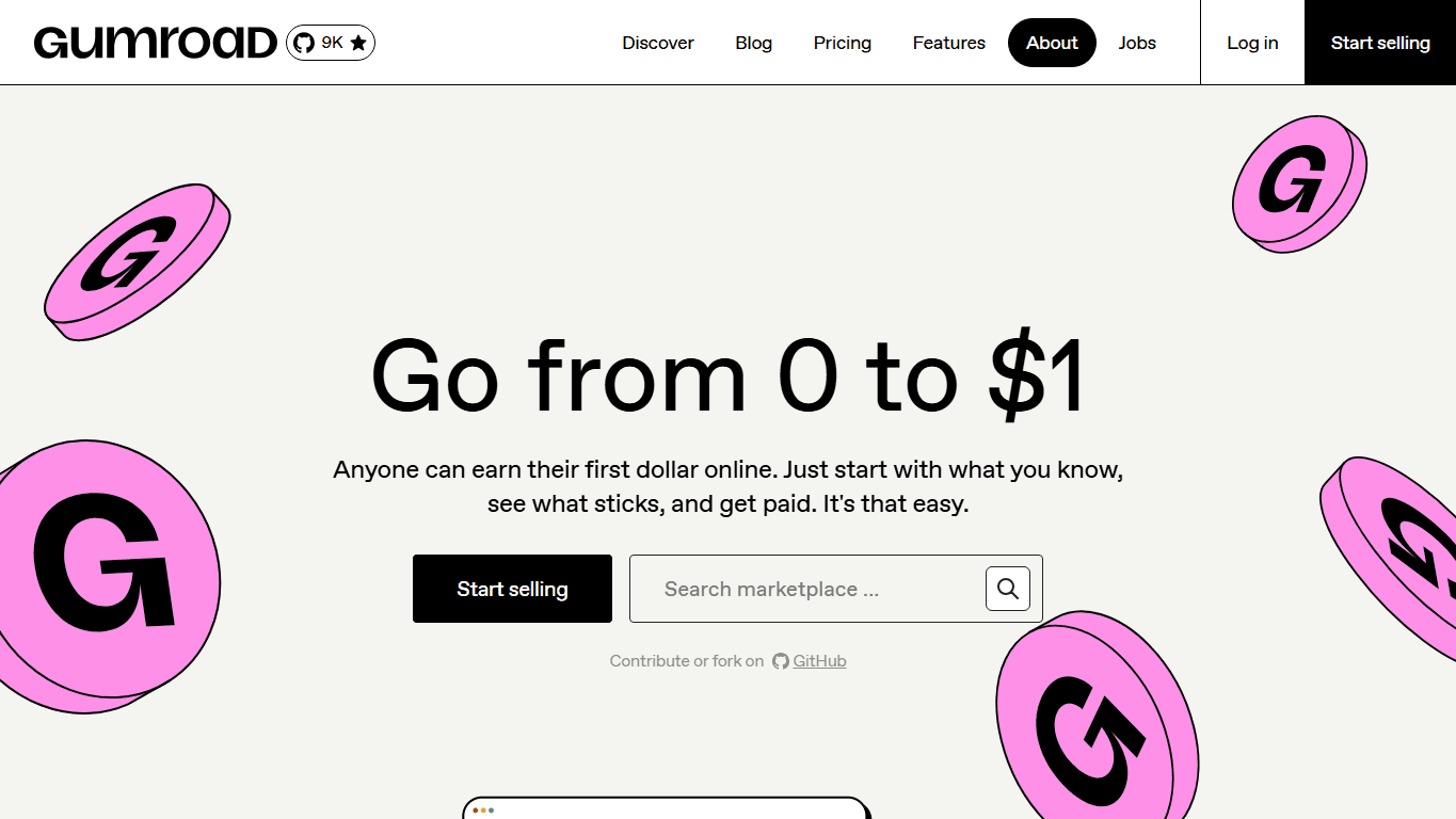 Gumroad homepage screenshot of the official website interface