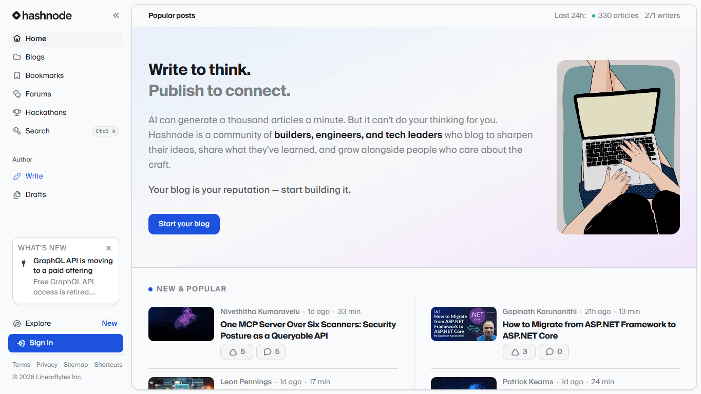 Hashnode homepage screenshot of the official website interface