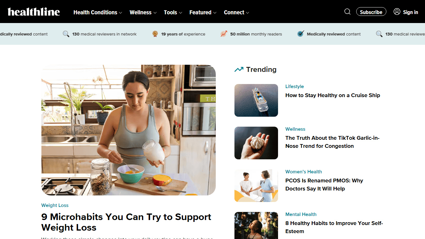 Healthline homepage screenshot of the official website interface