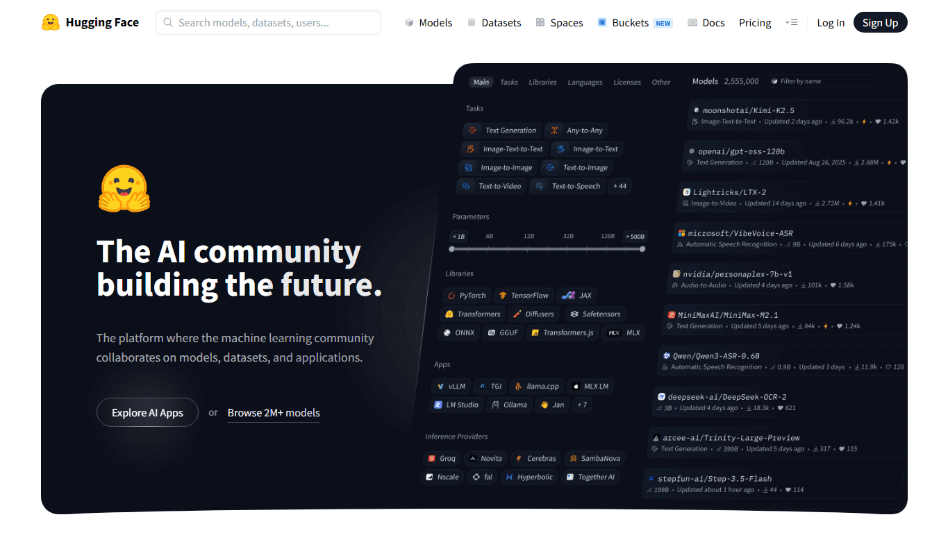 Hugging Face homepage screenshot of the official website interface