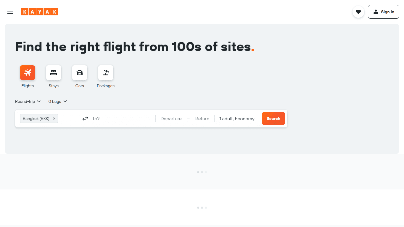 KAYAK homepage screenshot of the official website interface