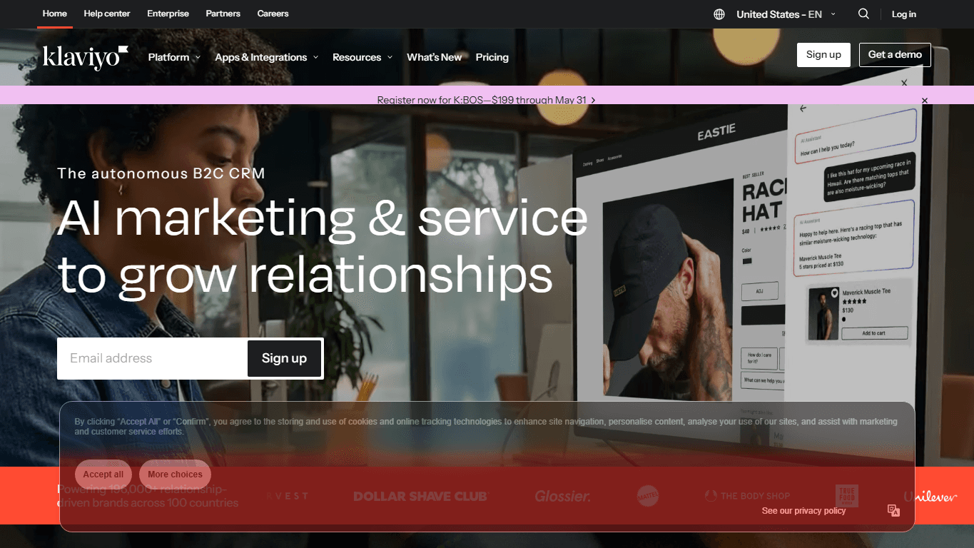 Klaviyo homepage screenshot of the official website interface