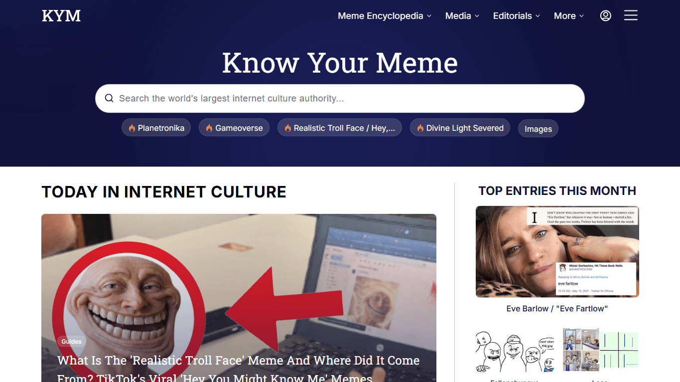 Know Your Meme homepage screenshot of the official website interface