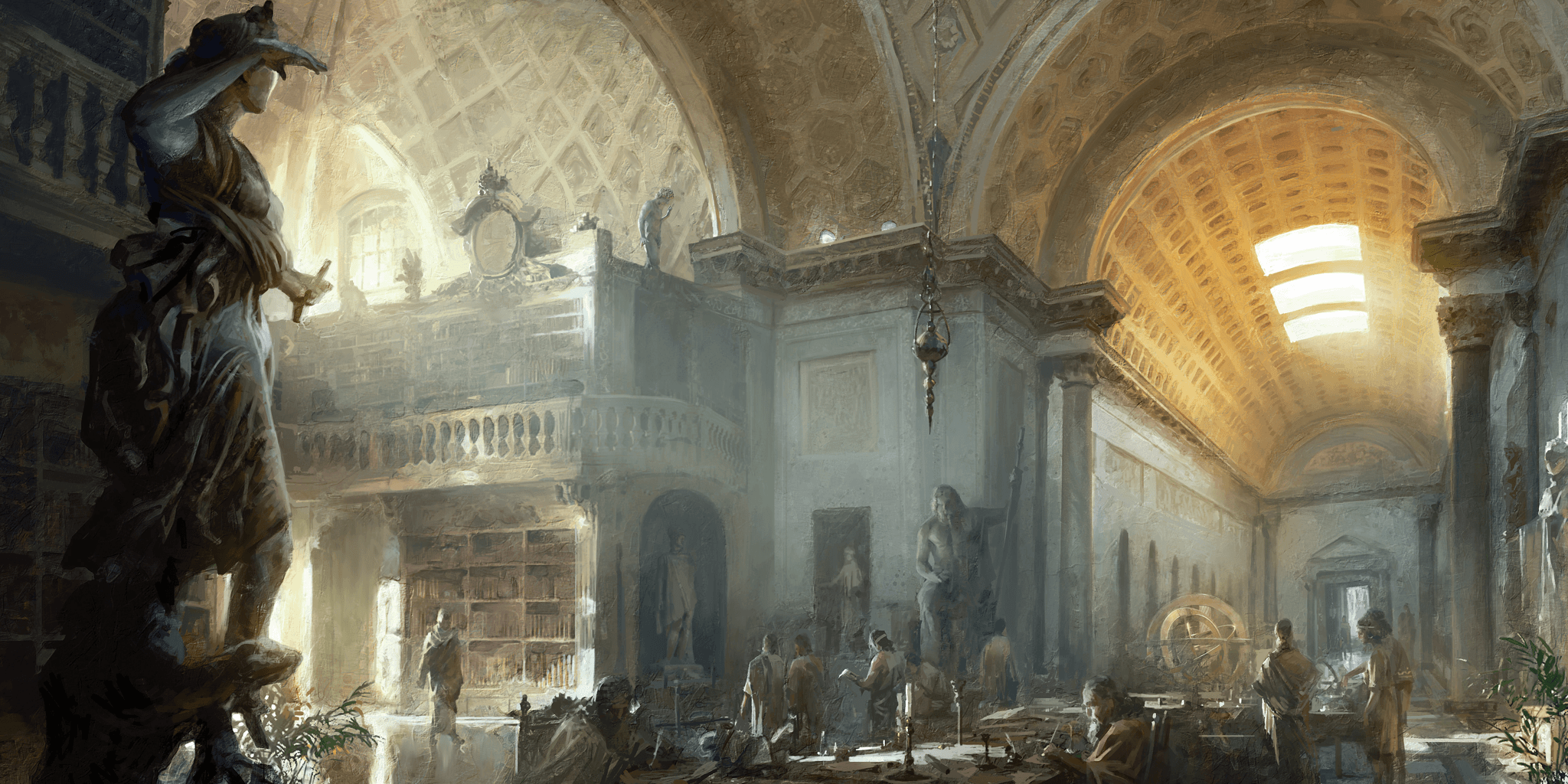An illustrated view of scholars and shelves of scrolls inside an ancient library.