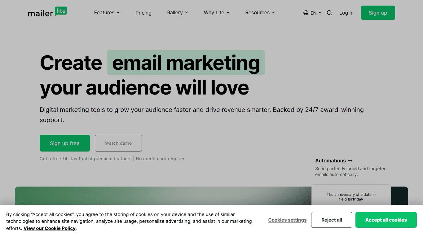 MailerLite homepage screenshot of the official website interface