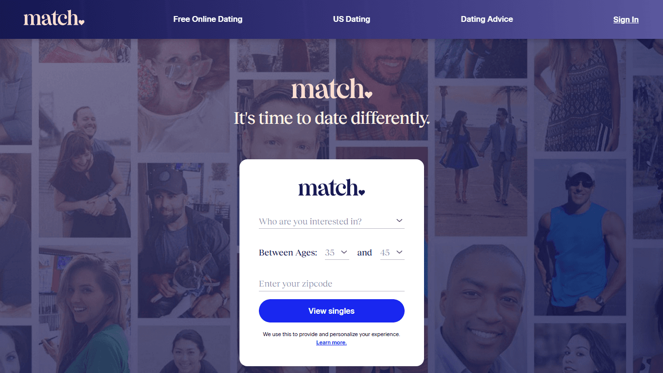 Match.com homepage screenshot of the official website interface