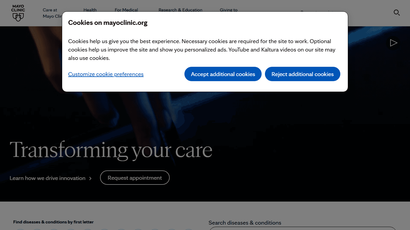 Mayo Clinic homepage screenshot of the official website interface