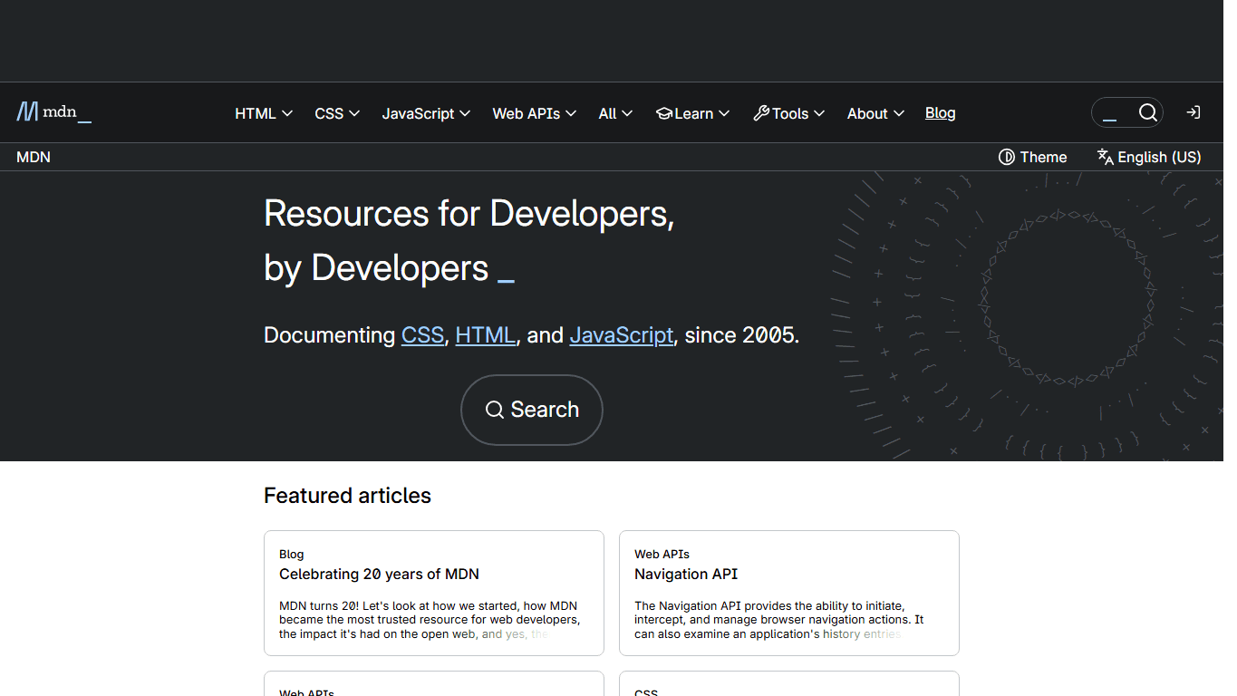 MDN Web Docs homepage screenshot of the official website interface
