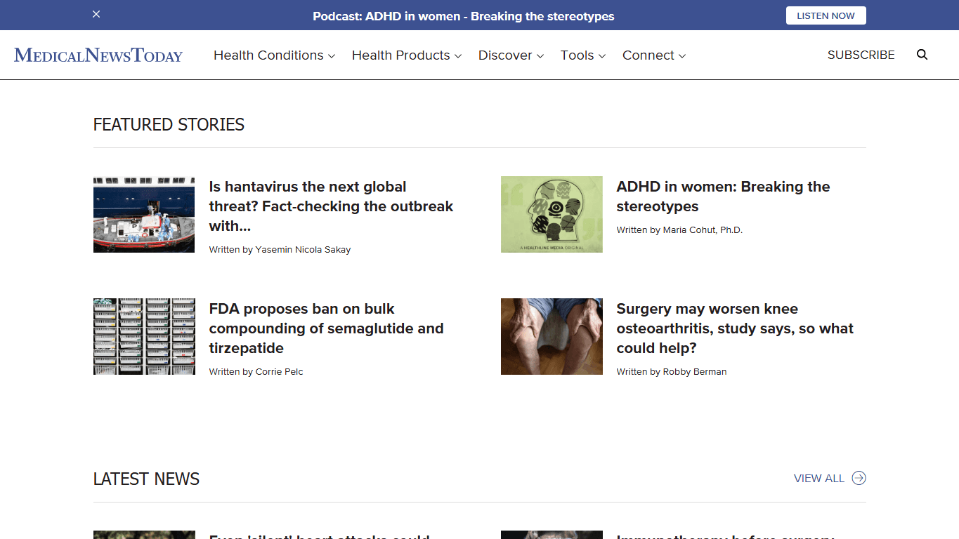 Medical News Today homepage screenshot of the official website interface