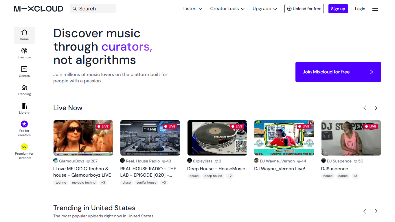 Mixcloud homepage screenshot of the official website interface