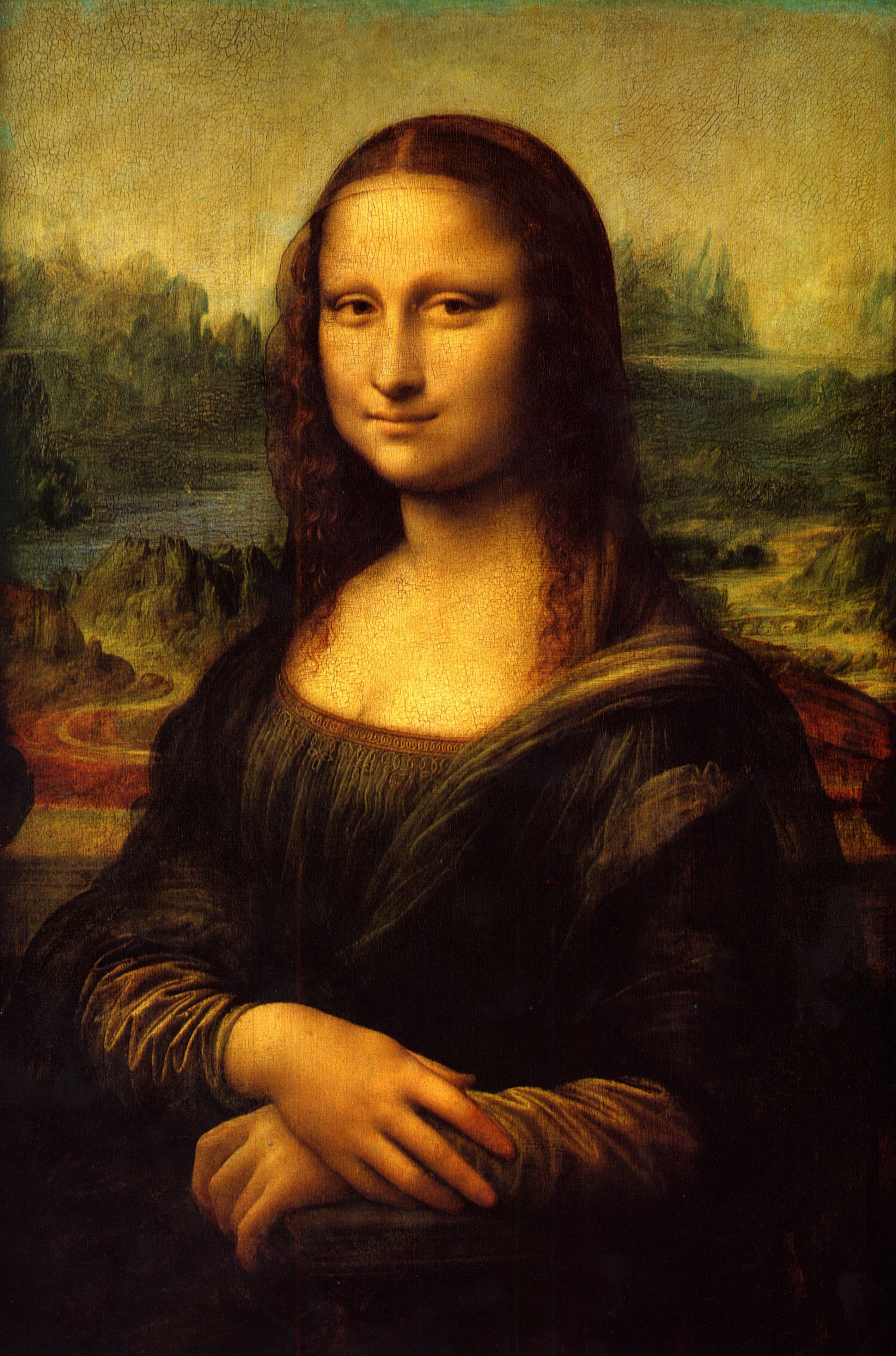 Leonardo da Vinci's Mona Lisa portrait, showing a seated woman with folded hands and a distant landscape.