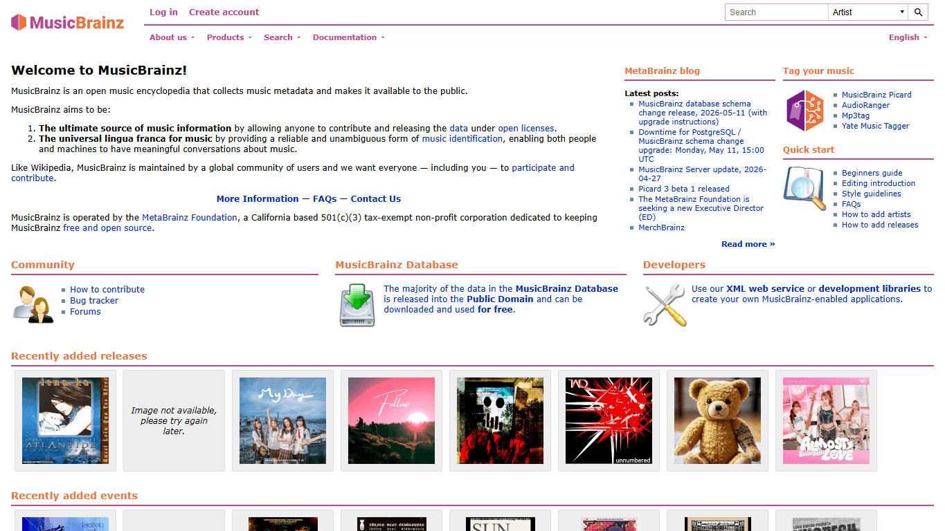 MusicBrainz homepage screenshot of the official website interface