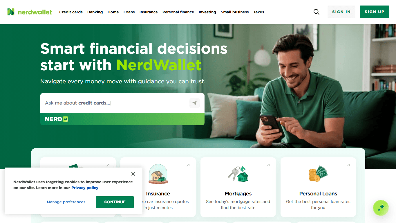 NerdWallet homepage screenshot of the official website interface