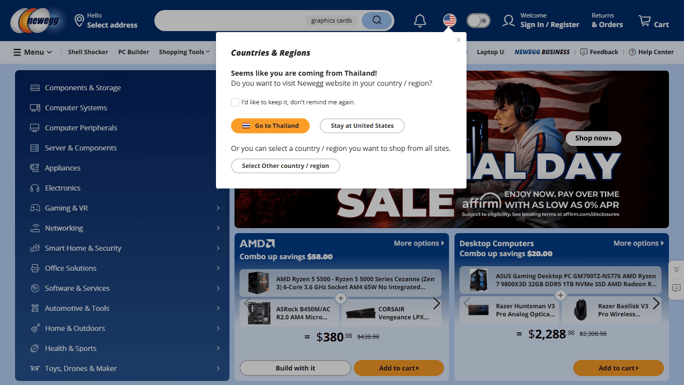 Newegg homepage screenshot of the official website interface