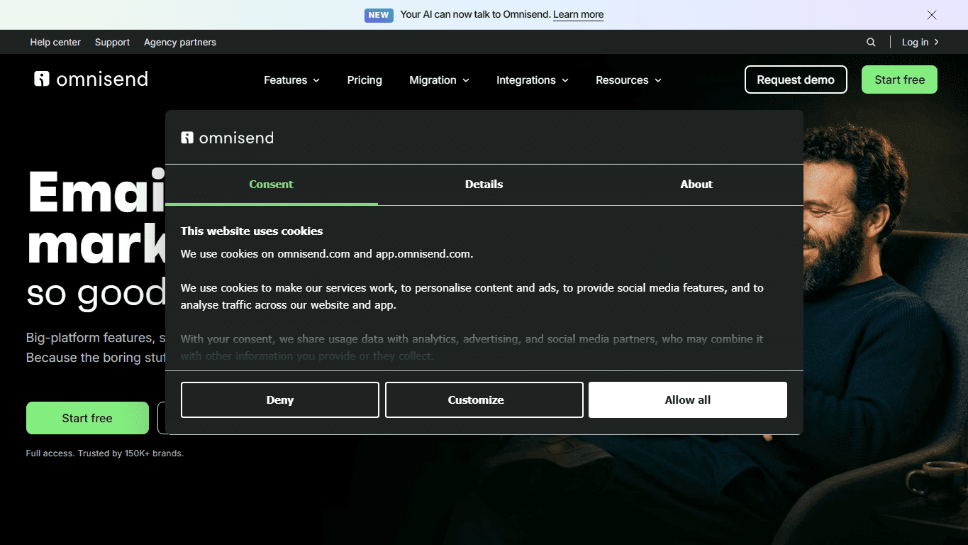 Omnisend homepage screenshot of the official website interface