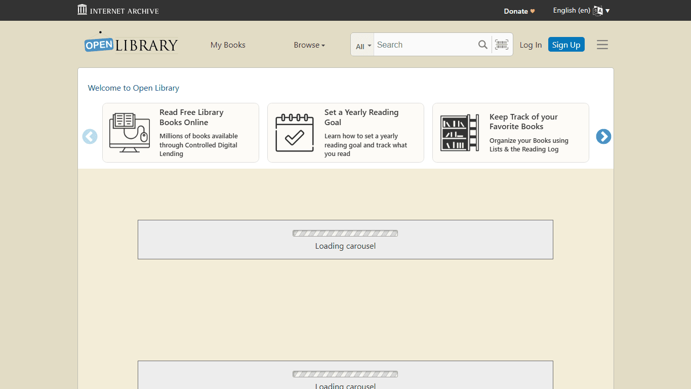 Open Library homepage screenshot of the official website interface