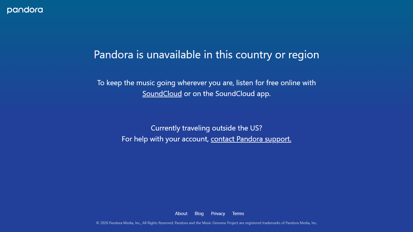 Pandora homepage screenshot of the official website interface