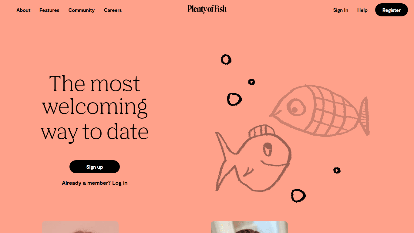 Plenty of Fish homepage screenshot of the official website interface