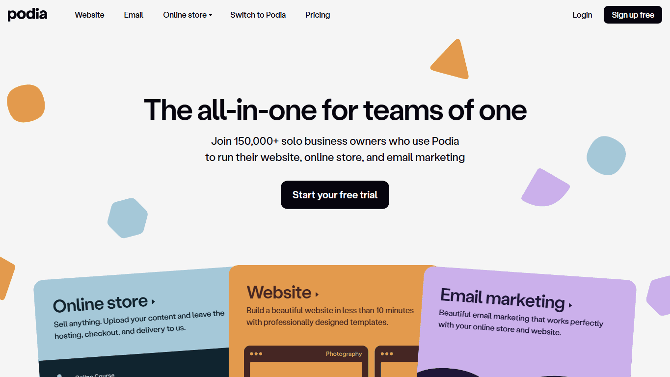 Podia homepage screenshot of the official website interface
