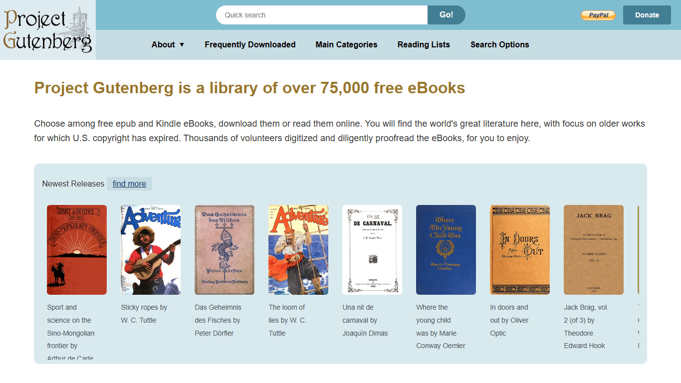 Project Gutenberg homepage screenshot of the official website interface