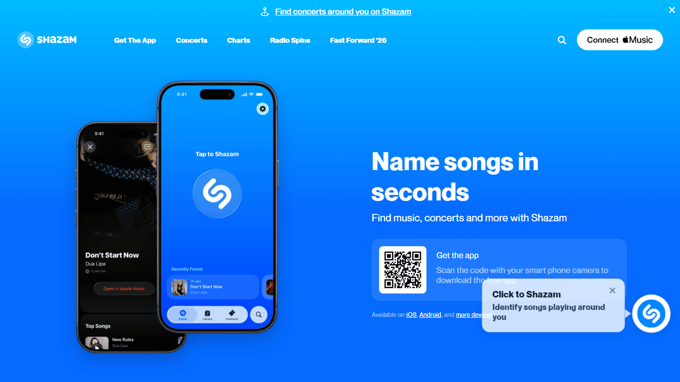 Shazam homepage screenshot of the official website interface