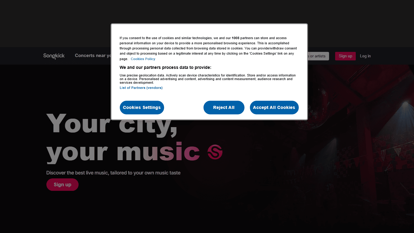 Songkick homepage screenshot of the official website interface