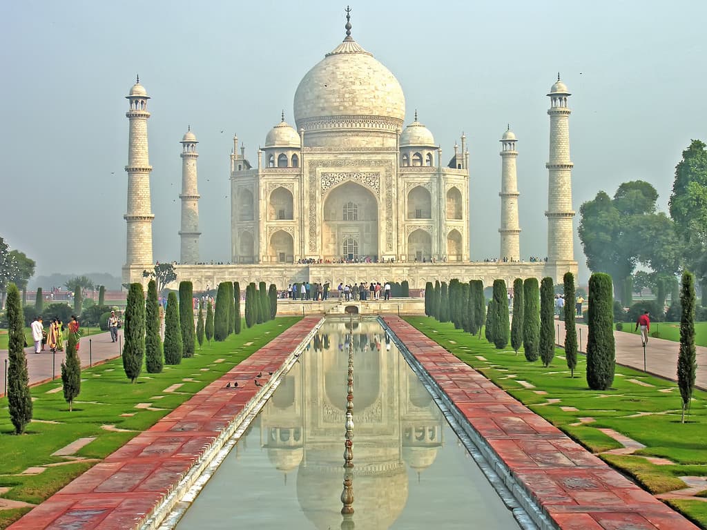 The Taj Mahal in Agra, India, with its white marble dome and minarets.