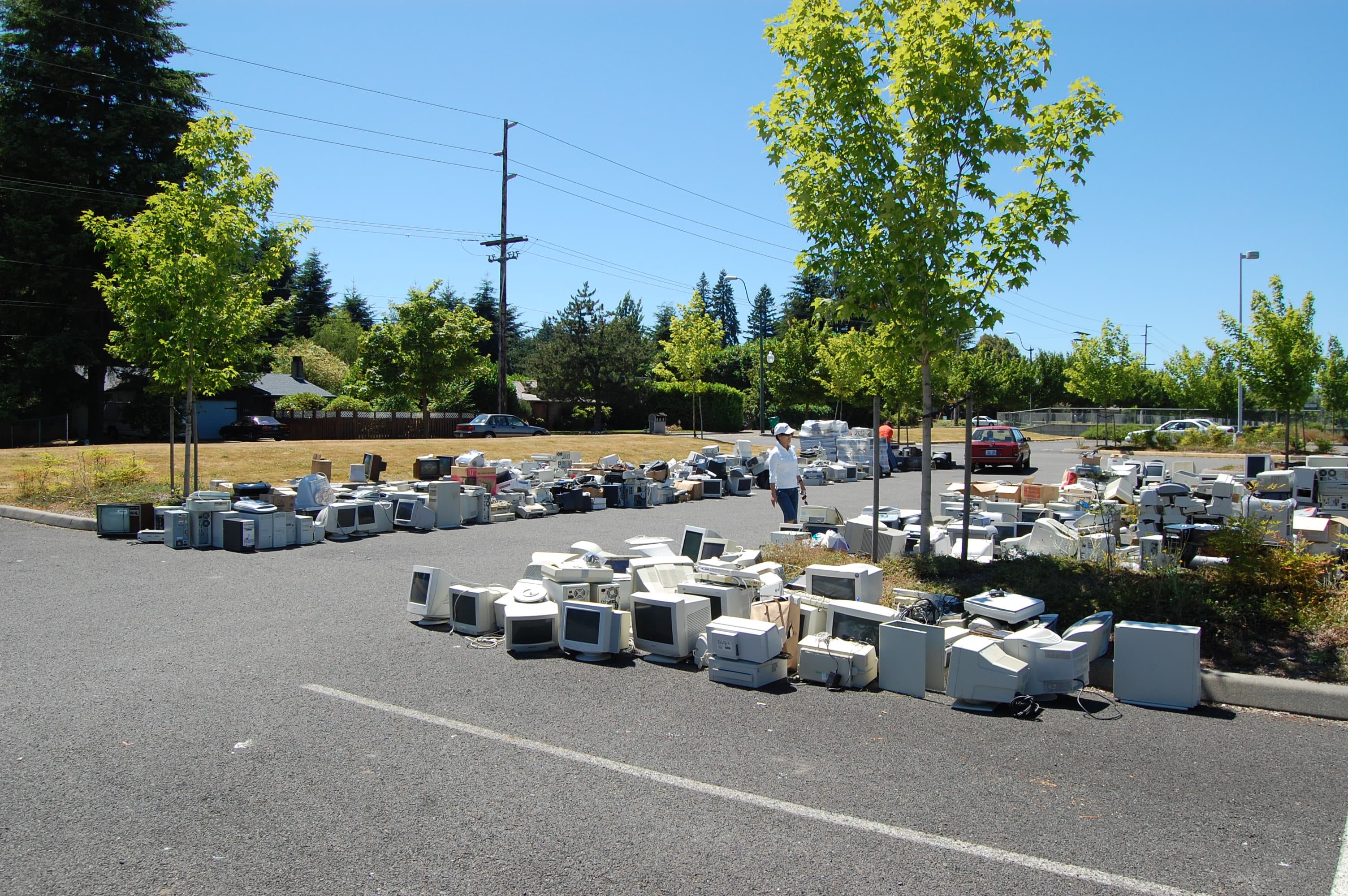 Used computer equipment collected at a recycling and take-back event.