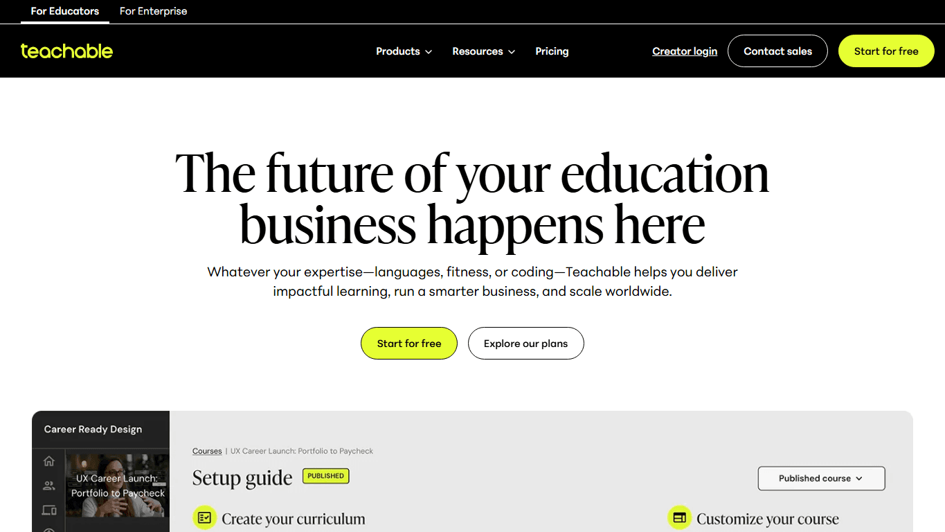 Teachable homepage screenshot of the official website interface