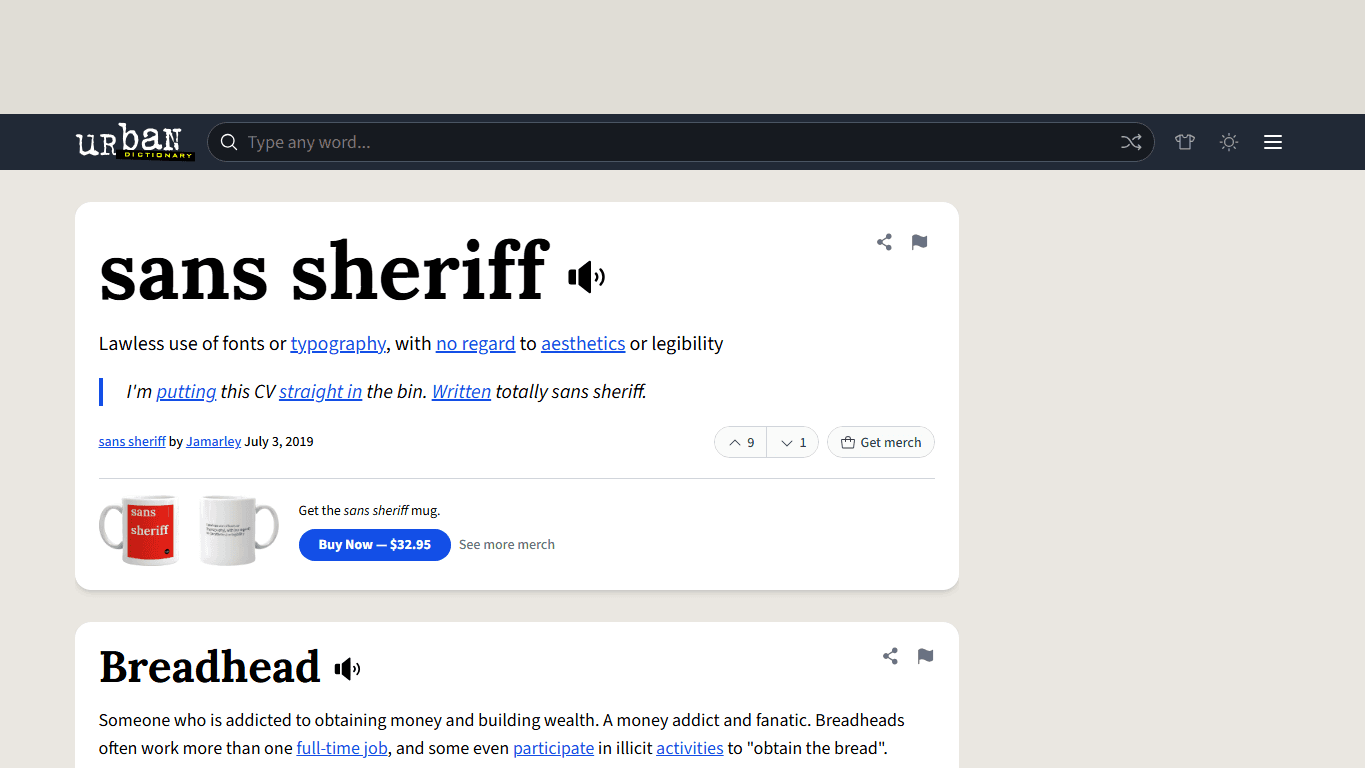 Urban Dictionary homepage screenshot of the official website interface