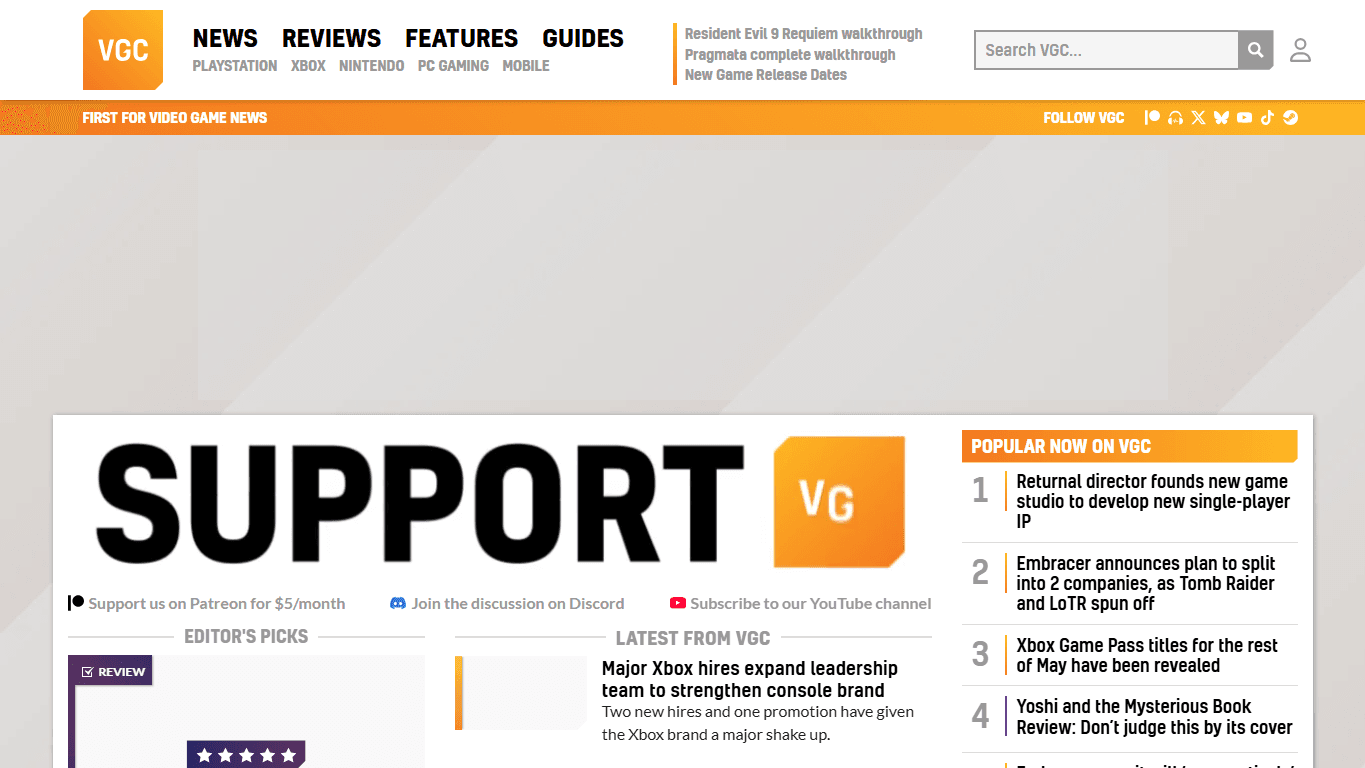 VGC homepage screenshot of the official website interface