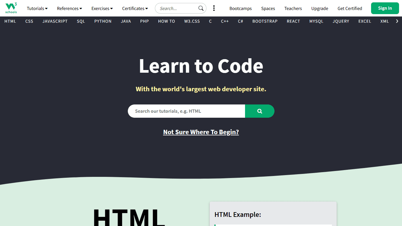 W3Schools homepage screenshot of the official website interface
