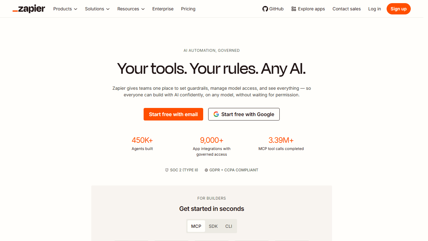 Zapier homepage screenshot of the official website interface