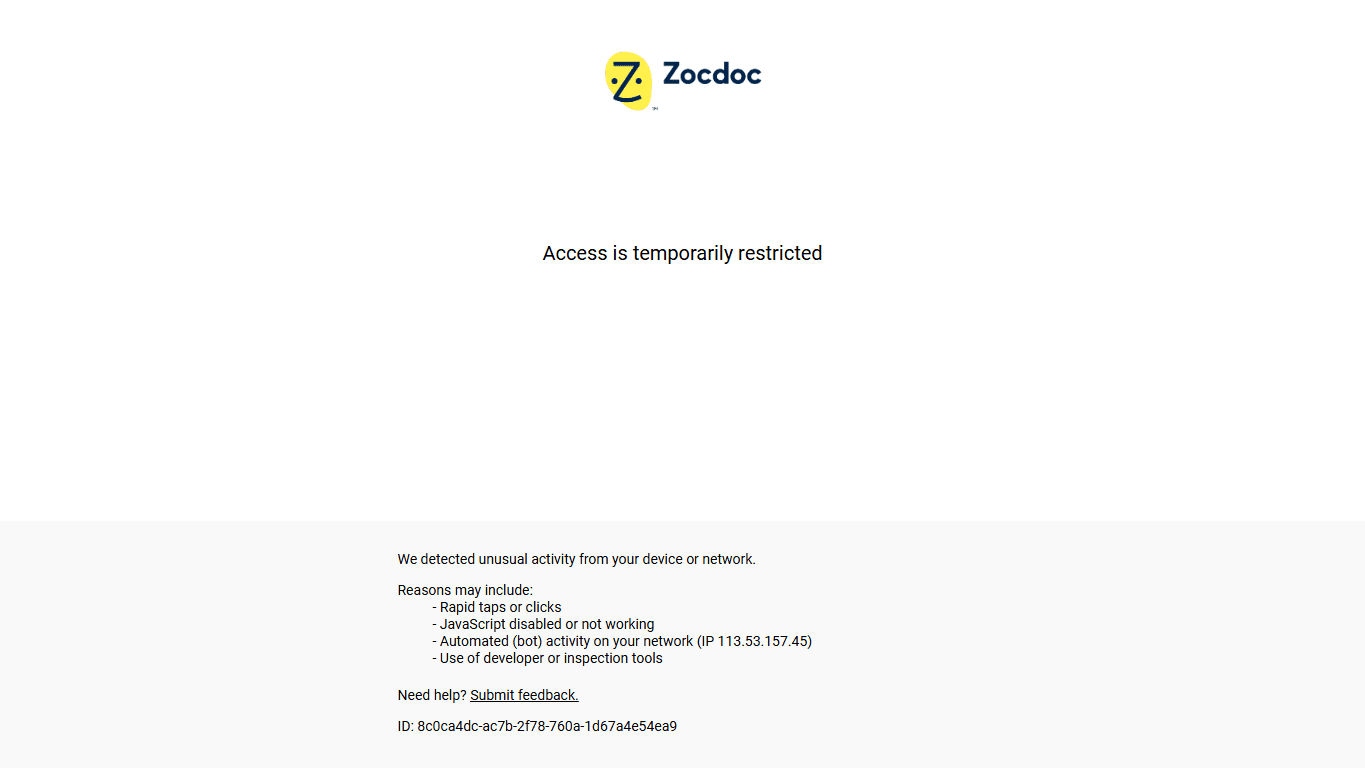 Zocdoc homepage screenshot of the official website interface